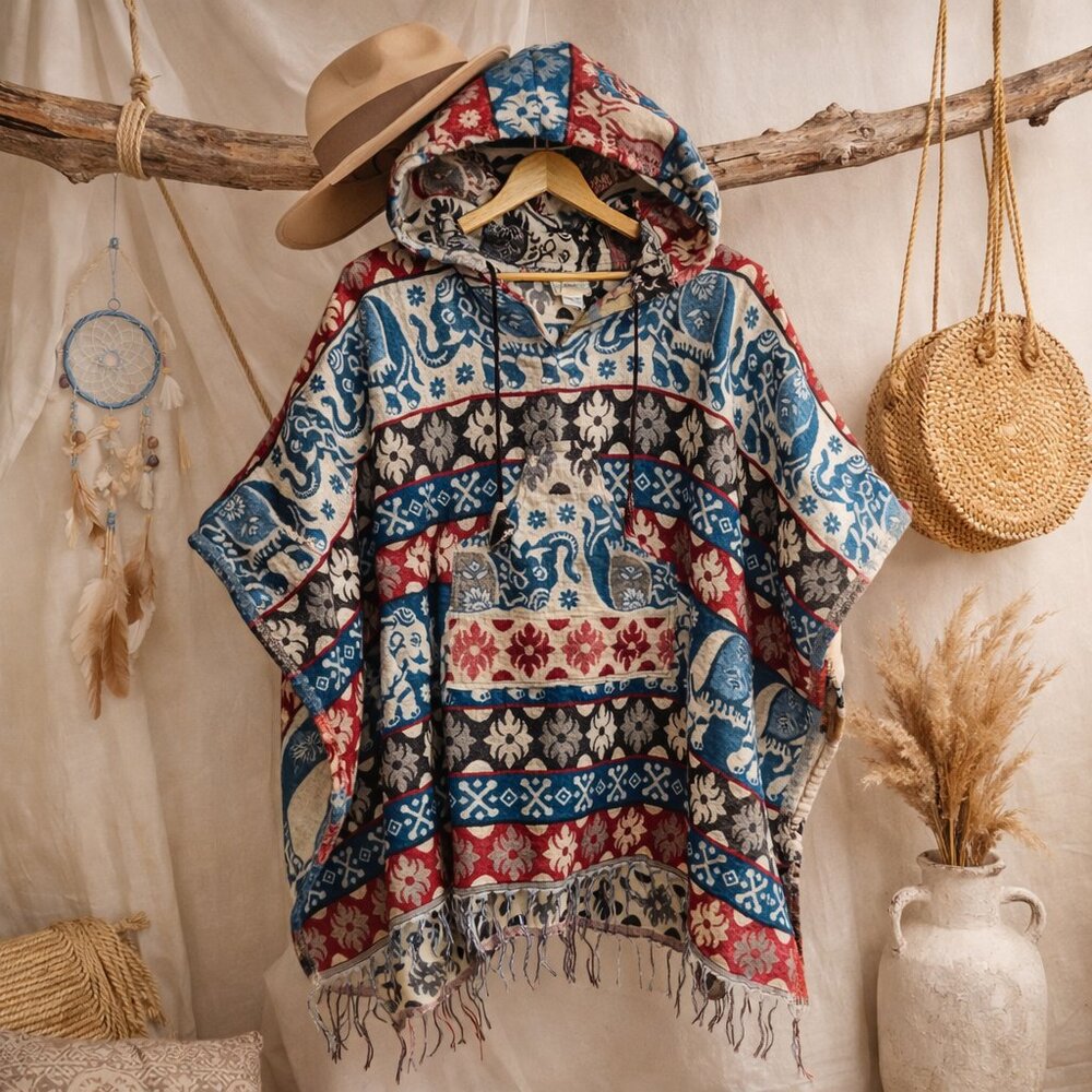 Elephant Print Woven Hooded Boho Poncho | Festival Artwear Fringe Beach Layer